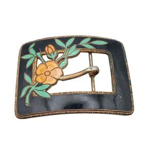 Vintage Brass & Guilloche Enamel Belt Buckle with Floral Design Black & Gold Acc